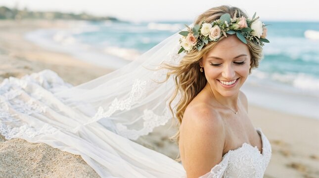 Beach wedding bride's detailed close-up moment, delicate lace veil flowing in ocean breeze, white dress train trailing across pristine sand, bare shoulders and collarbone