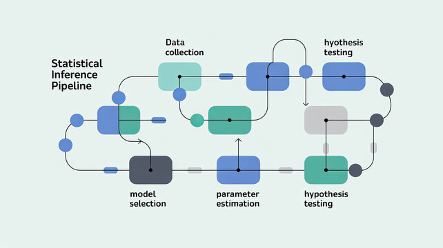 Statistical Inference Pipeline: A visually engaging diagram outlines the steps of statistical inference, depicting the flow of data through stages of collection, analysis, and hypothesis testing.