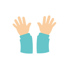 Obraz premium Child's Hands Raised Up in Teal Sleeves, Isolated on White Background