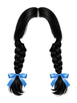 PNG Braided hairstyle with blue ribbons.