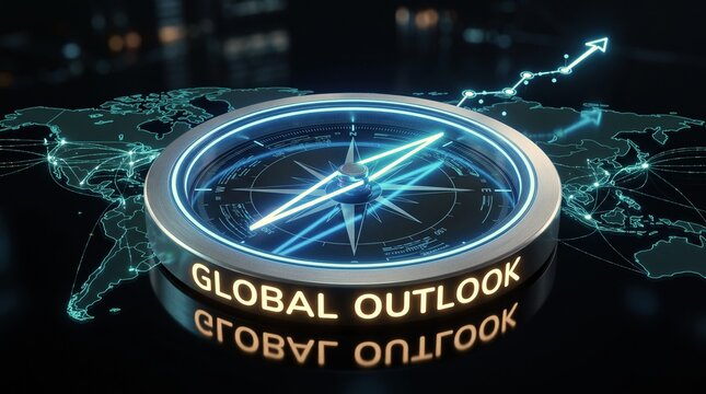Compass with "GLOBAL OUTLOOK" text overlaid on a digital world map background.