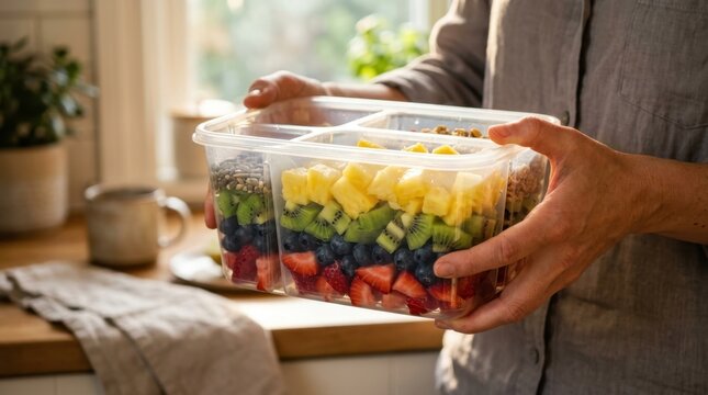 Person's hands holding a clear plastic compartment meal prep box containing perfectly portioned rainbow fruit salad layersstrawberries, blueberries, kiwi, and