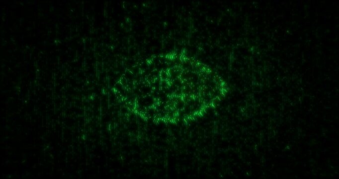 Digital eye security and privacy symbol matrix style. Abstract icon on green digital rain background animation.