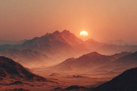 Dramatic Sunset Over Mountain Peaks and Desert Landscape