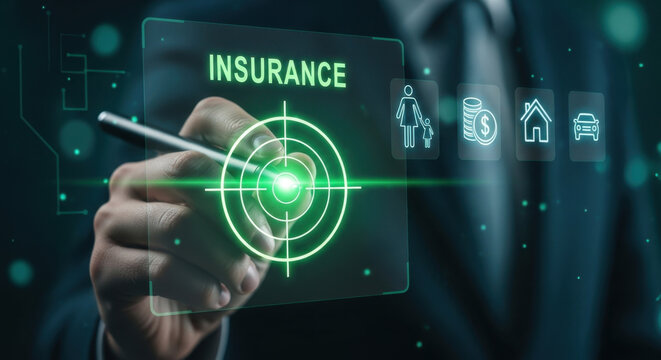 Insurance advisor targets financial protection strategy using digital interface, highlighting risk management, policy selection, coverage planning, asset security, and wealth protection insights. 
