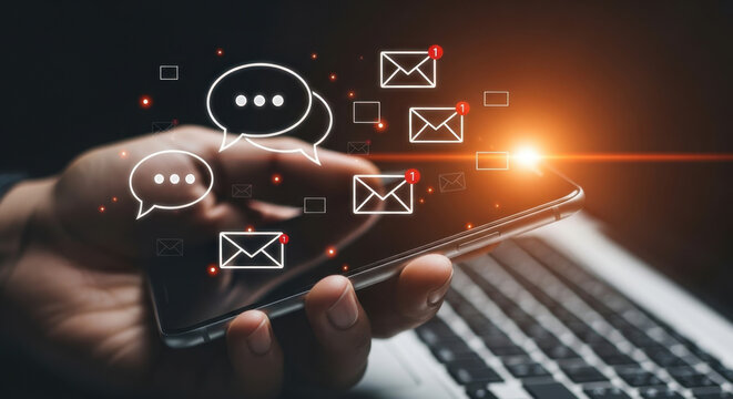 Digital marketer manages mobile email messaging communication with real time notification system, customer engagement strategy, secure mail platform, online interaction and data communication flow