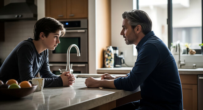 Father and teenage son sharing a serious moment during a deep conversation sitting at a kitchen island