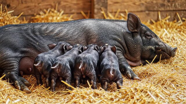 Mother Pig Nursing Her Newborn Piglets in a Barn Full of Hay.