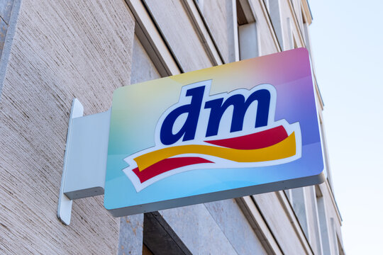 Bamberg, Germany - April 07, 2026: DM drugstore logo is shown on a building exterior during daytime.