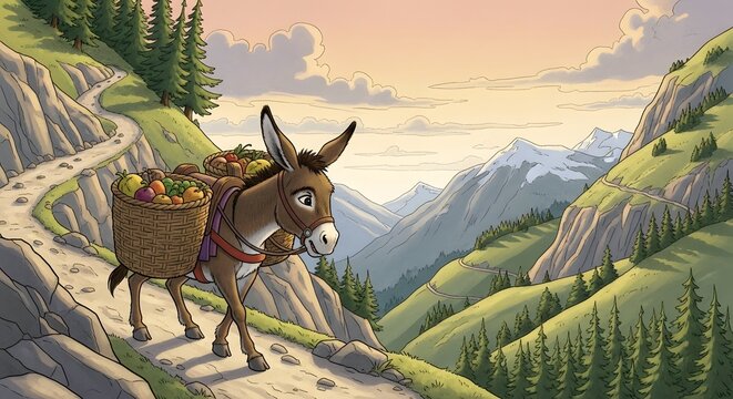 A donkey carrying goods travels a winding mountain path in a scenic landscape