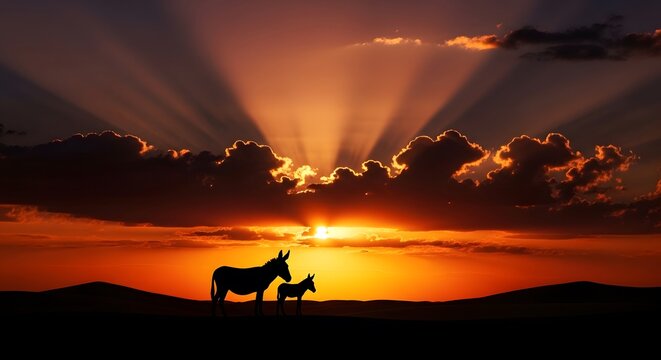 Silhouette of a donkey and foal at sunset a peaceful pastoral scene