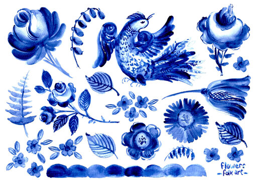 Hand drawn watercolor blue floral decor. Folk art decorative elements set with flowers leaves branches bird. Gzhel chinaware pattern. Traditional ornamental background