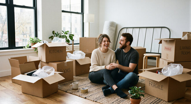 Happy couple sitting among moving boxes as new home and relocation lifestyle concept
