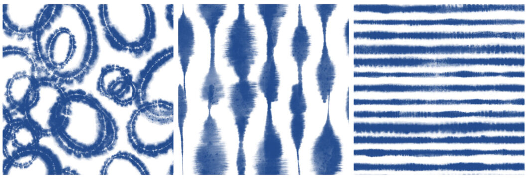 Blue Indigo Tie Dye seamless prints set of 3 modern geometric tie dye for fabric textiles