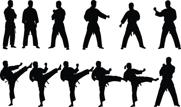 Martial arts silhouettes, karate fighter vector, high kick artwork, punching pose illustration, combat training design, black and white sports figures