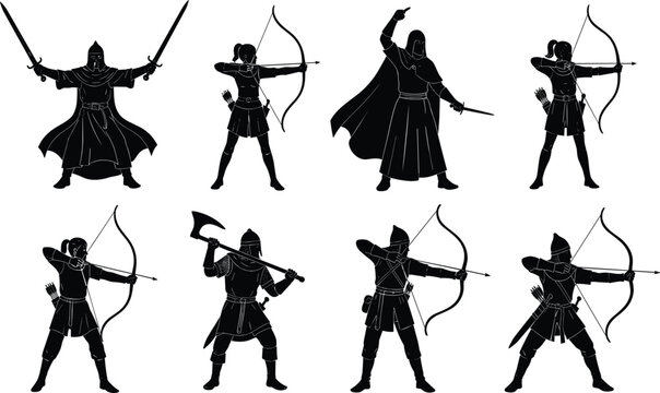 Medieval warrior silhouettes, archer vector artwork, sword fighter illustration, battle axe design, cloaked fighter pose, black and white combat figures