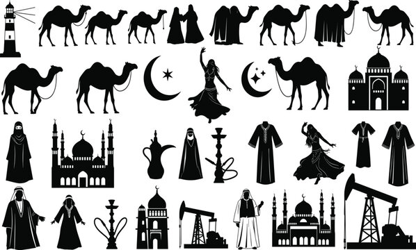 Middle Eastern silhouettes, cultural vector artwork, mosque illustration design, camel desert icons, traditional attire figures, black and white heritage graphics