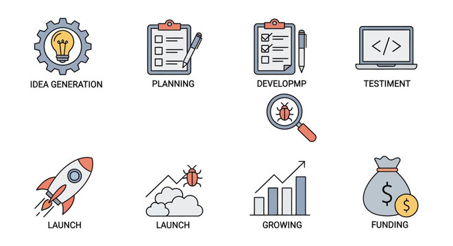 Business Process Icons: Idea, Plan, Develop, Test, Launch, Grow, Fund