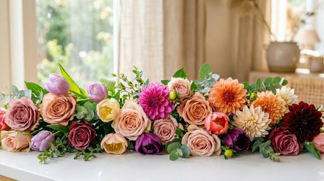 A vibrant horizontal row of freshly cut flowers arranged tightly along the bottom edge of the frame, featuring roses, tulips, and dahlias in soft pastels and deep jewel