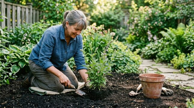 Individual planting a flowering perennial into prepared garden soil with a handheld trowel, rich black earth being gently patted around the root ball, green stems and