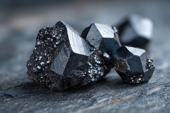 Lodestone mineral sample showing faceted crystals and metallic sheen on slate surface