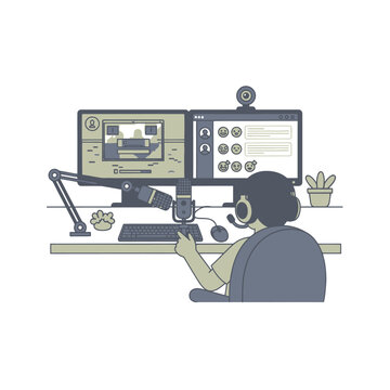 Gamer or streamer setup with dual monitors, microphone, webcam, and headset