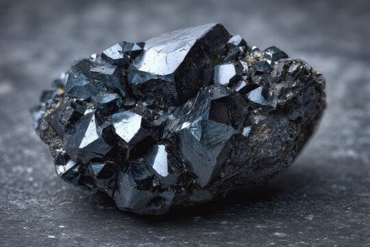 Macro photograph of magnetite crystal stone with metallic luster on dark background