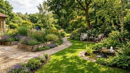 Naklejka premium Serene backyard garden with curved stone pathways winding through layered plantings, raised wooden beds overflowing with mixed perennials and ornamental grasses, small