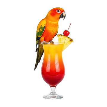 Tropical parrot perched on a vibrant cocktail glass with a cherry garnish