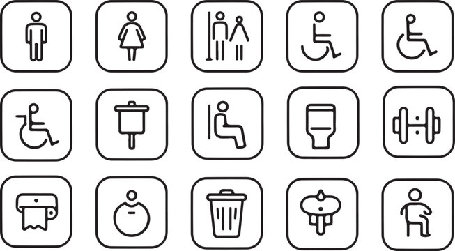 Outline Restroom Icons Set, Bathroom, WC, Shower, Accessibility Line Symbols