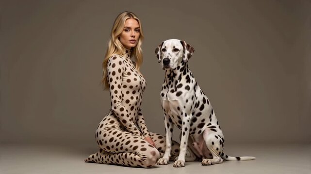 Stylish woman with confident mood posing next to dalmatian dog in studio against minimalist background representing fashion and aesthetic harmony