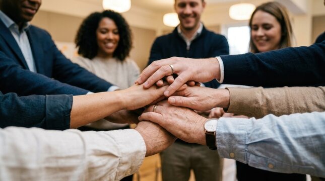 Team members standing in a circle holding hands in a moment of unity and commitment, wearing business casual attire, indoor workshop space with soft overhead lighting and