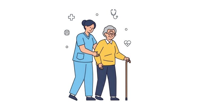 Nurse assisting elderly man with walking cane in medical setting indoors.