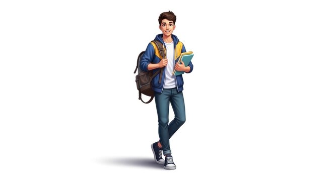 Young man walks while holding books and wearing a backpack on shoulder.