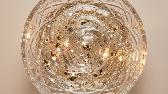 Glitter texture coating the surface of liquid in a crystal glass bowl, particles suspended and swirling throughout transparent fluid creating reflective layers of sparkle