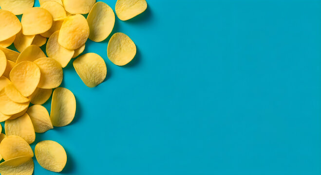 A pile of golden potato chips scattered artistically on a vibrant turquoise blue background with copy space for text