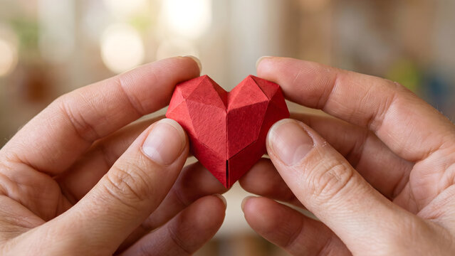 Tender hands gently cradle a vibrant red origami heart, symbolizing deep affection, care, and heartfelt connection