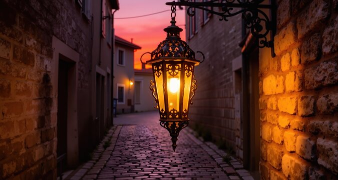 Illuminated ornate lantern hanging in a cobblestone alleyway at sunset.
