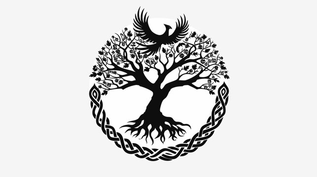 Symbolic tree with bird silhouette celtic knot design for graphic purposes