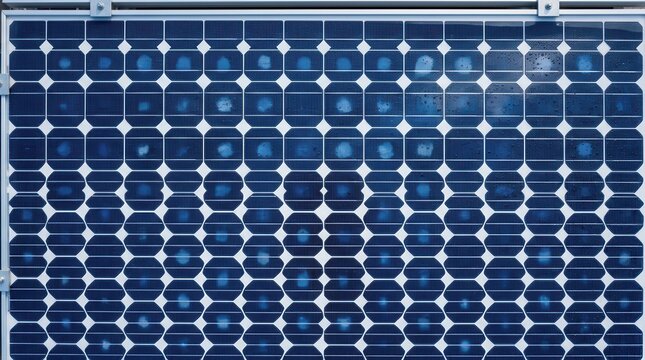 Solar panel grid pattern filling entire frame with perfect hexagonal and rectangular cells in gradient focus, morning dew droplets sitting atop the glass surface creating