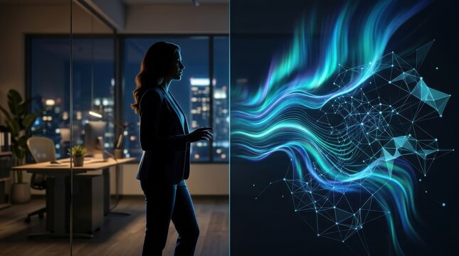 Split-screen view of human silhouette facing an abstract algorithm visualization, streams of data flowing like aurora borealis across dark interface, geometric patterns