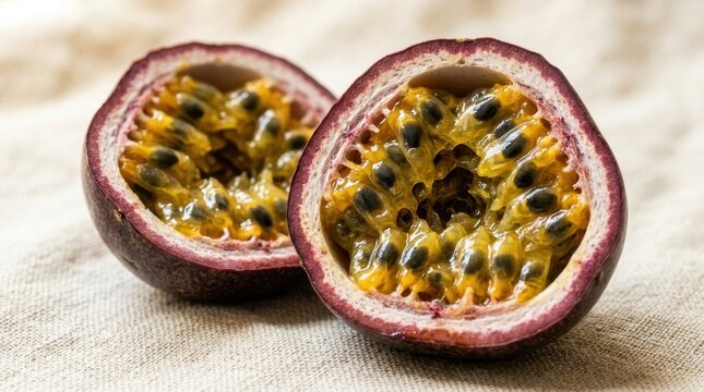 Passion fruit split lengthwise with glossy black seeds suspended in bright golden-yellow pulp, close-up reveals intricate seed patterns and sticky juice coating the