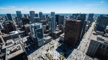 Obraz premium Vertical aerial view of a dense metropolitan downtown district with towering office buildings creating sharp geometric shadows across streets and plazas, bright midday