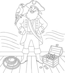 Fototapeta premium Pirate captain with parrot on shoulder stands by treasure chest and rope on wooden deck with coloring page