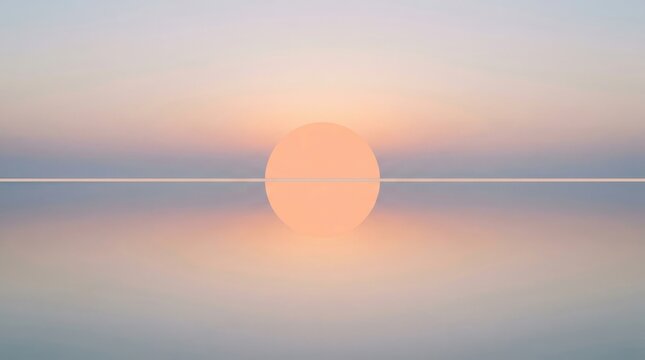 Pure minimalist seascape with the sun as a perfect circle positioned directly on the horizon line dividing frame equally, completely still mirror-like water surface