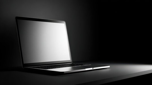 Minimalist open-laptop scene against a black background with ample text area