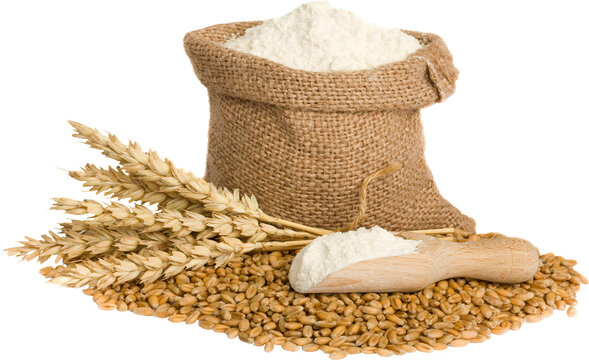 Collection of Wheat flour sack with an ear of wheat isolated on a transparent background, Cutout PNG