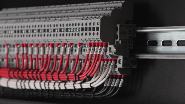 Electrical terminals with connected insulated copper wires with metal lugs. Marking with a thermal printer. 