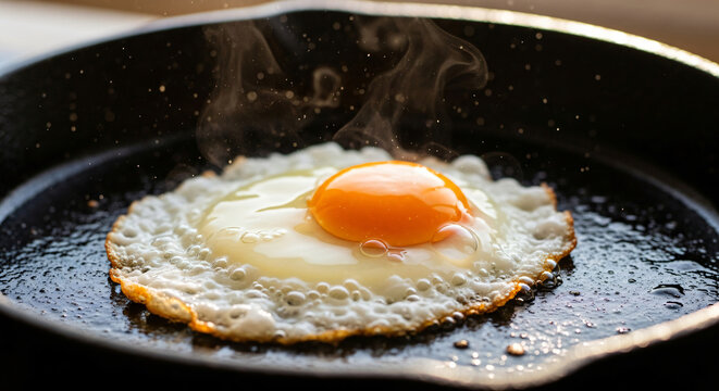 Close-up of a freshly fried egg sizzling in a cast iron skillet with steam rising, a perfect breakfast food