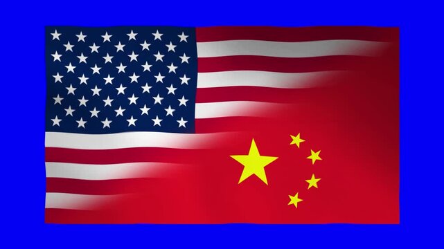 USA and China Flag Waving Animation Blue Screen Chroma Key 4K Loop